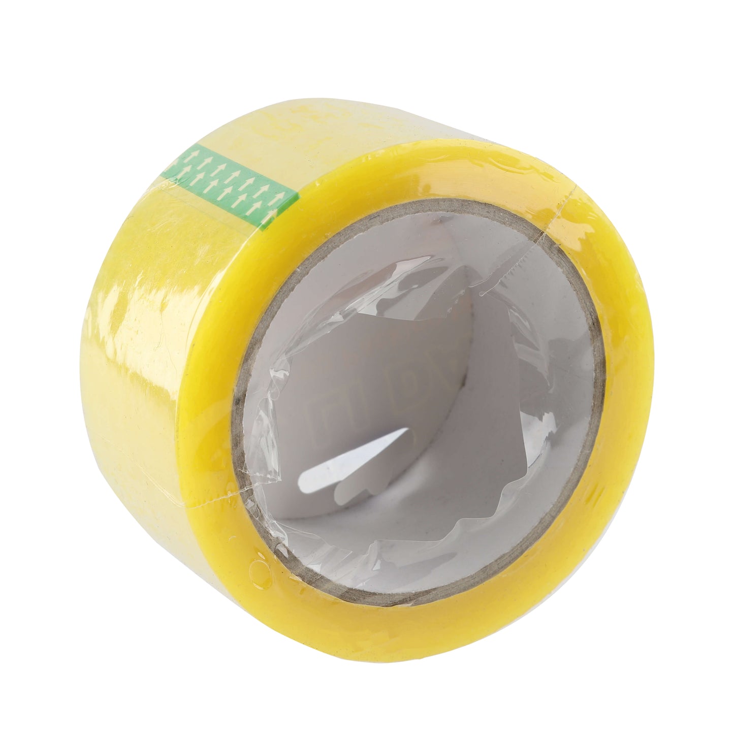 Angle view of yellow packaging tape – Inner core and smooth finish for use with dispensers.