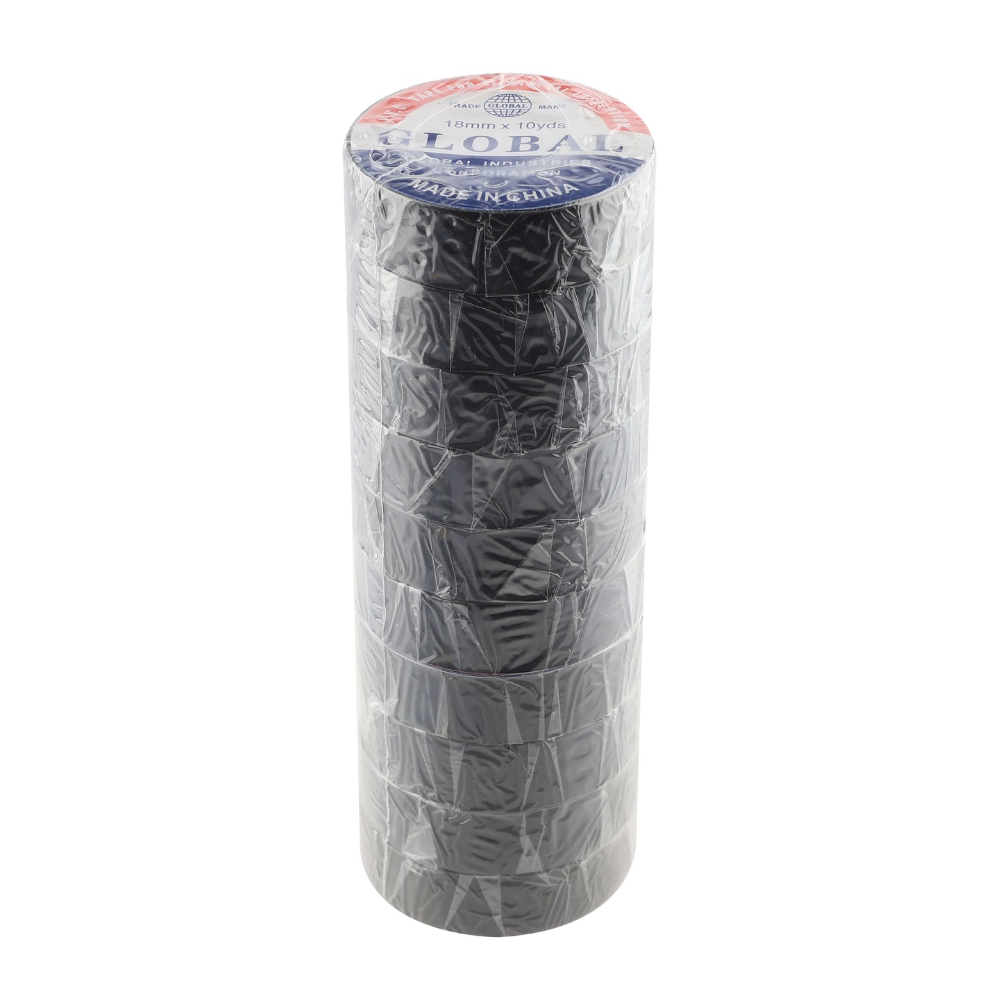 Stack of 10 black electrical tape rolls – blister pack ideal for bulk use and storage.