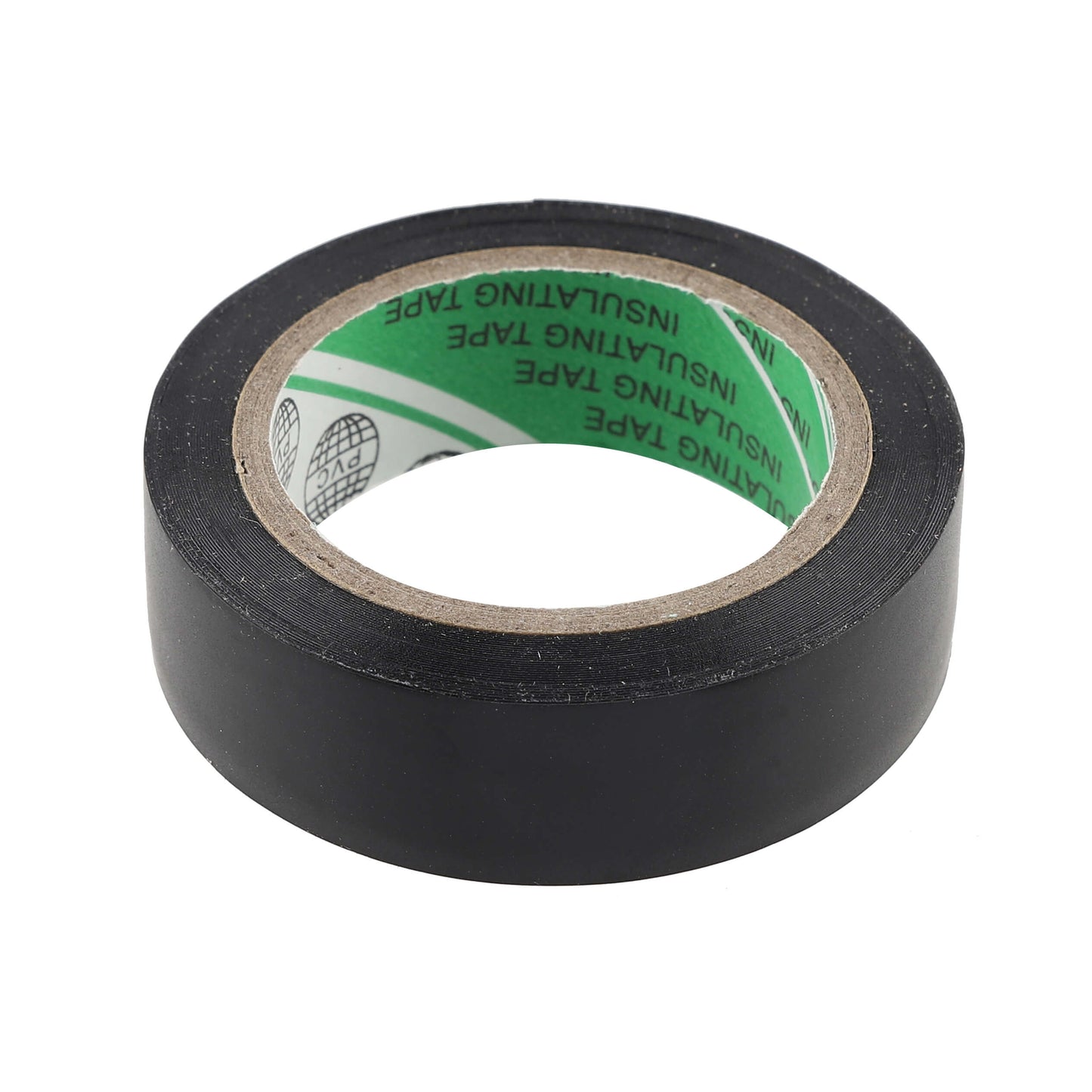 Single roll of black electrical tape – close-up of compact roll with strong adhesive.