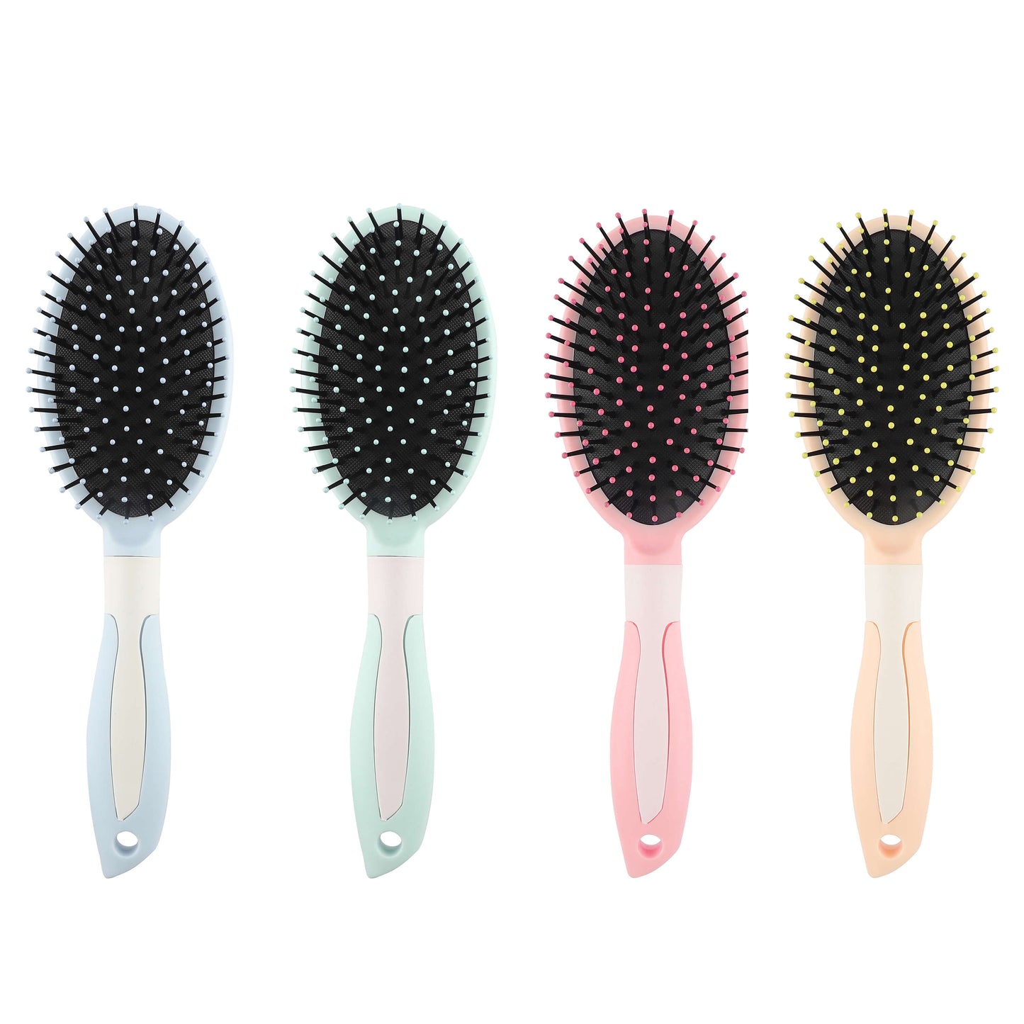 Set of four colorful hair brushes – pastel handles with black bristles for all hair types.