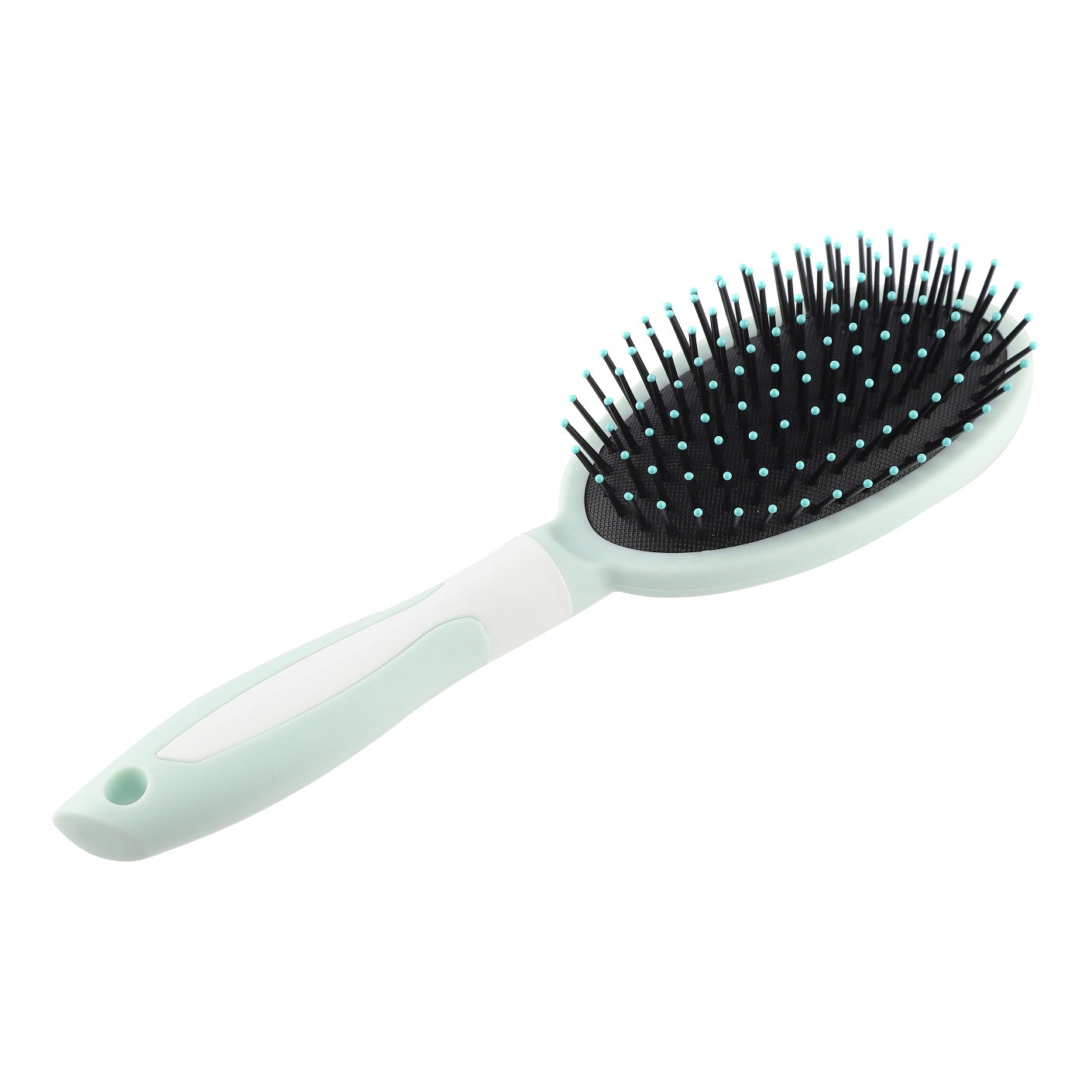 Mint green hair brush – angled profile showcasing curved handle and bristle layout.