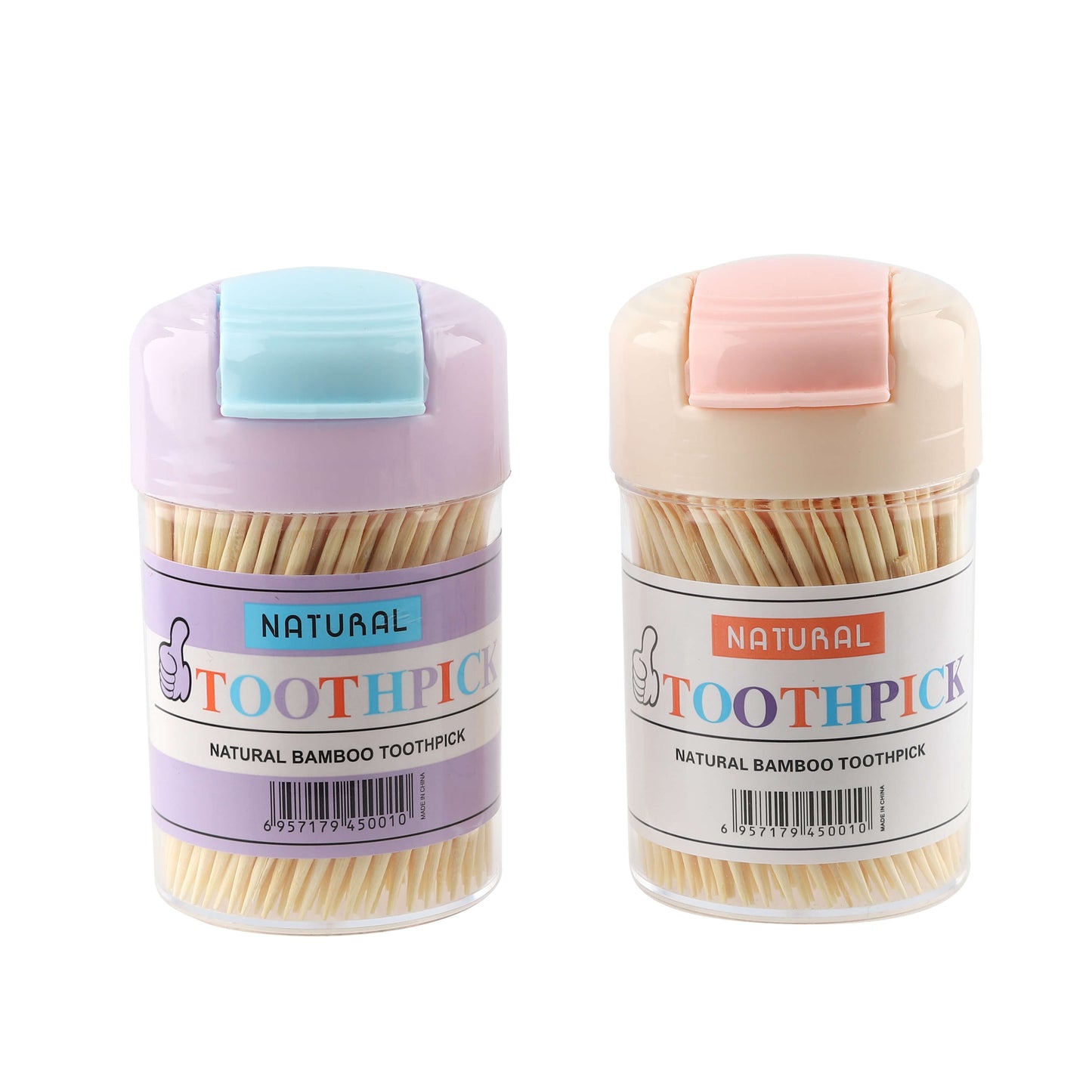 Two bamboo toothpick containers – pastel pink and blue flip-top lids with natural labeling.