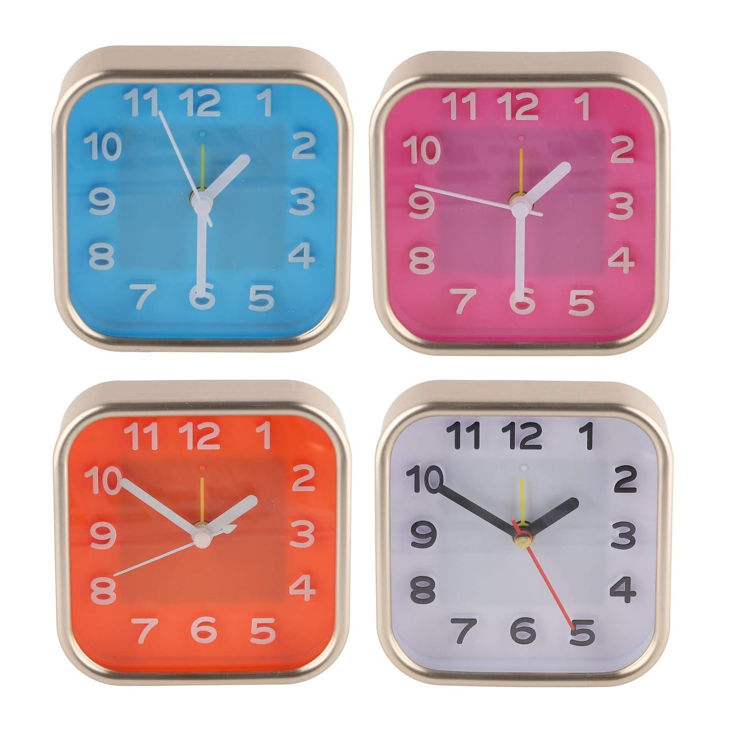 Four colorful square alarm clocks in blue, pink, orange, and white with bold numerals
