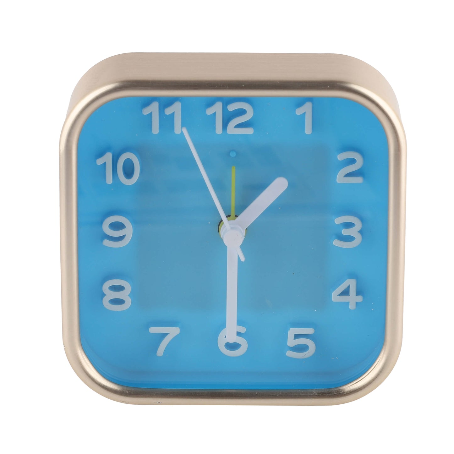 Front view of blue square alarm clock with white hands and numbers