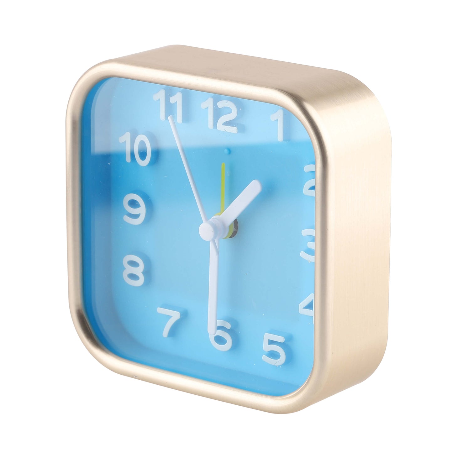 Angled view of blue square alarm clock with silent quartz dial