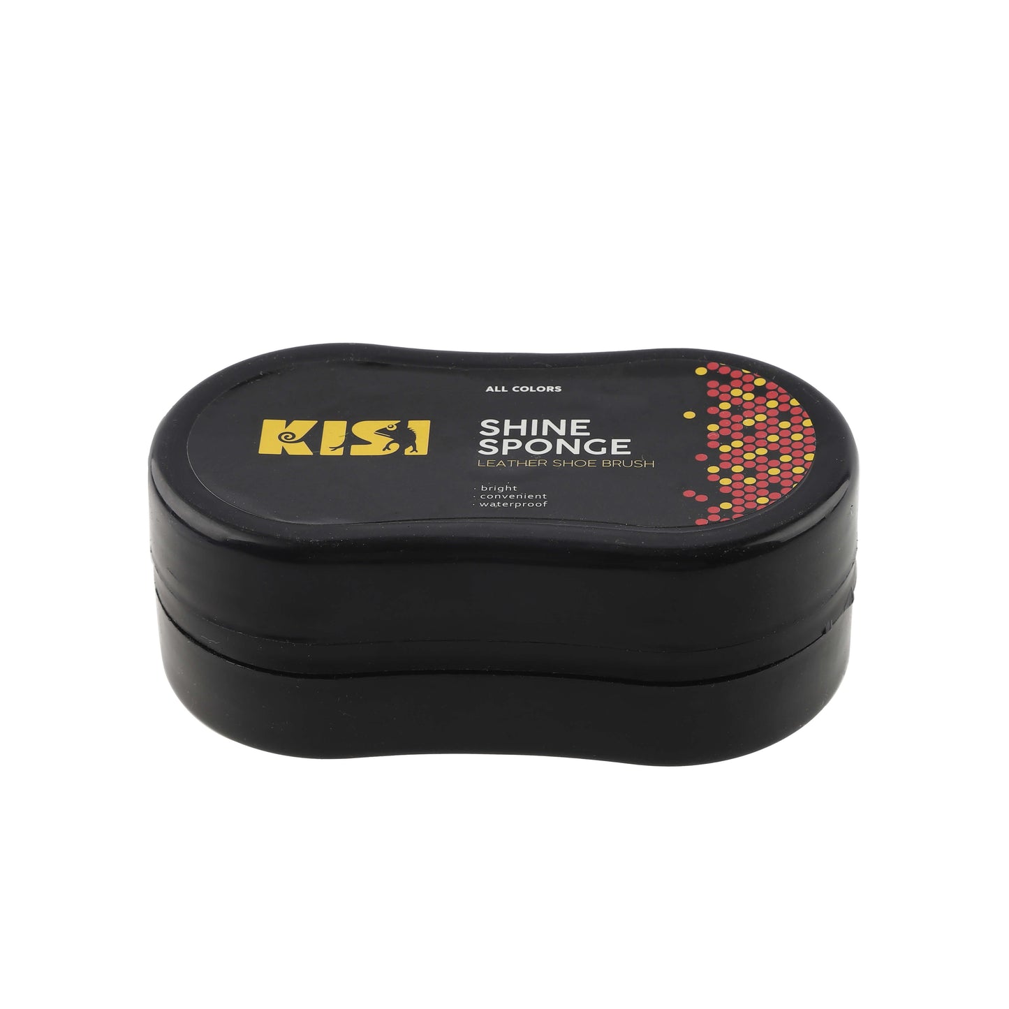 Black shine sponge for shoes in oval container labeled “KISI Shine Sponge”