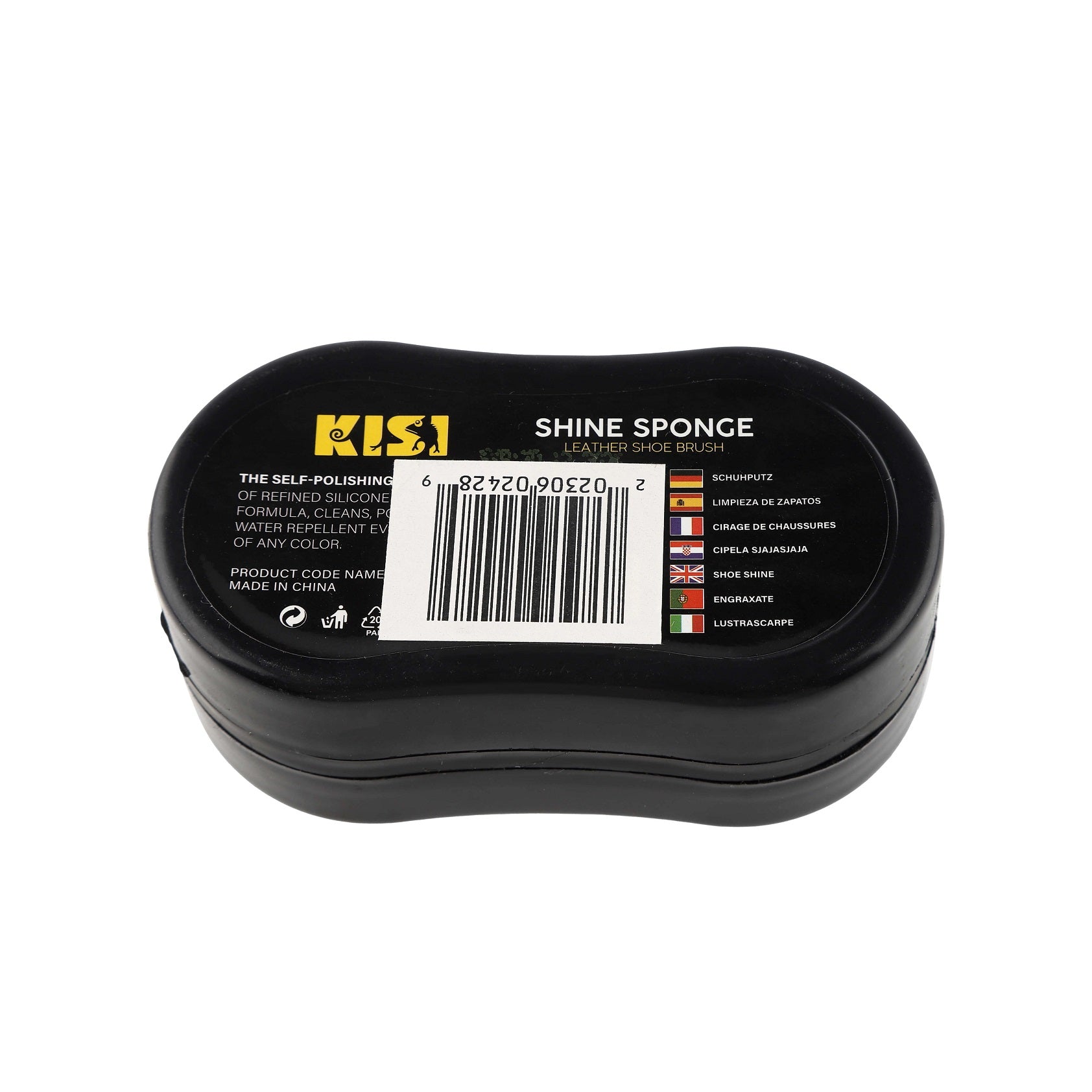 Bottom of shine sponge container displaying barcode and product label