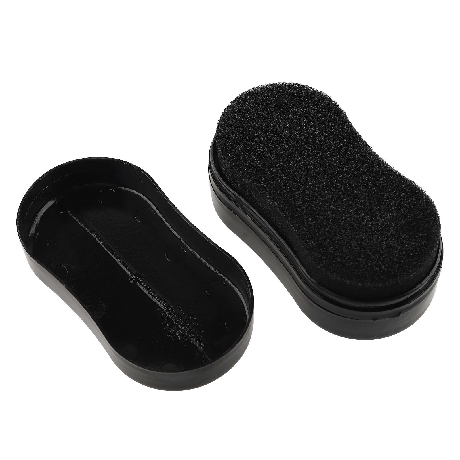 Open black shoe shine sponge set showing sponge and storage case