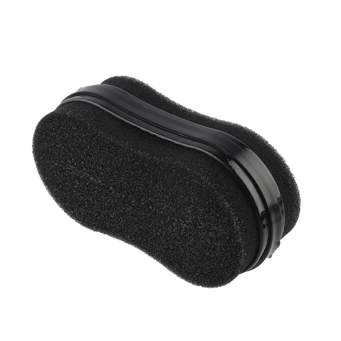 Side view of black textured shoe sponge showing ergonomic shape