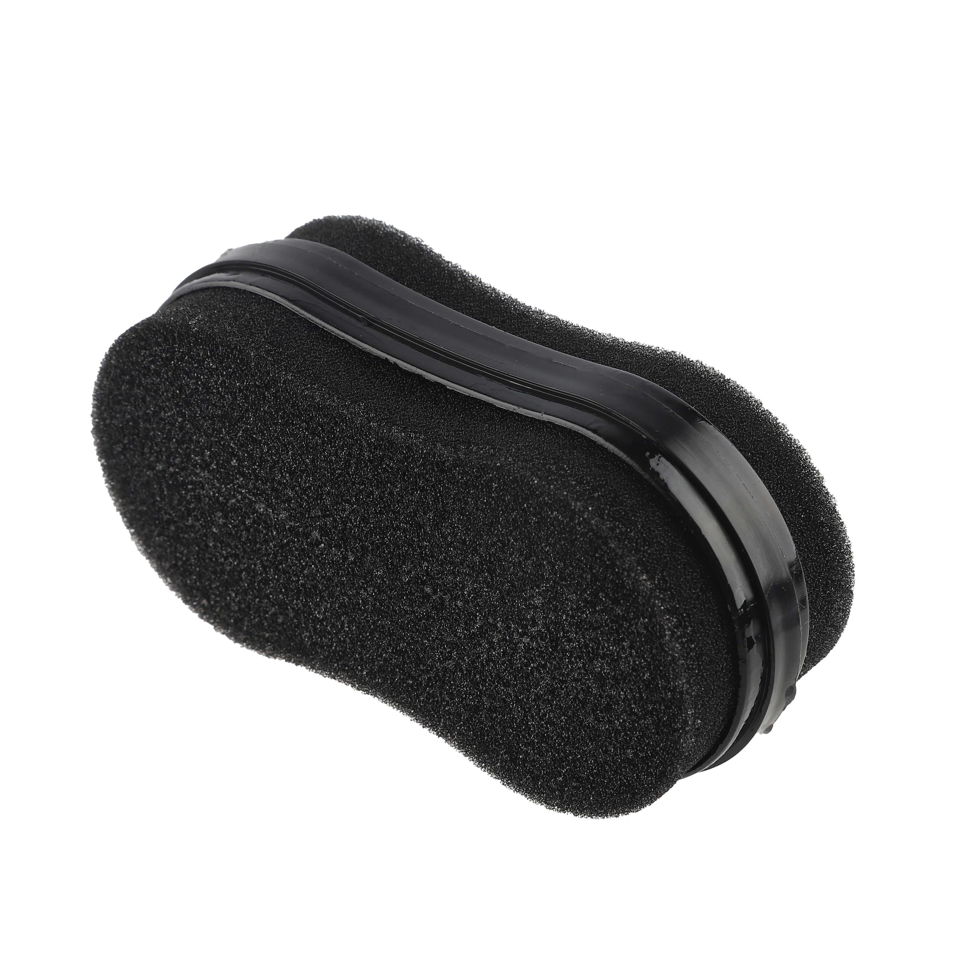 Side view of black textured shoe sponge showing ergonomic shape
