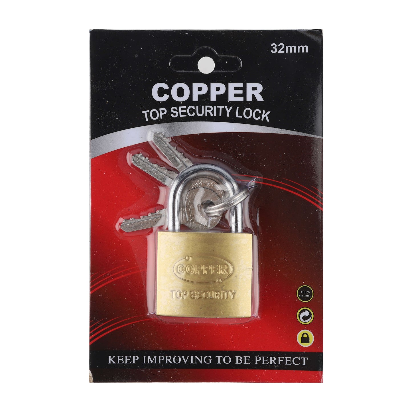 32mm brass padlock with keys in retail packaging labeled 'Copper Top Security Lock