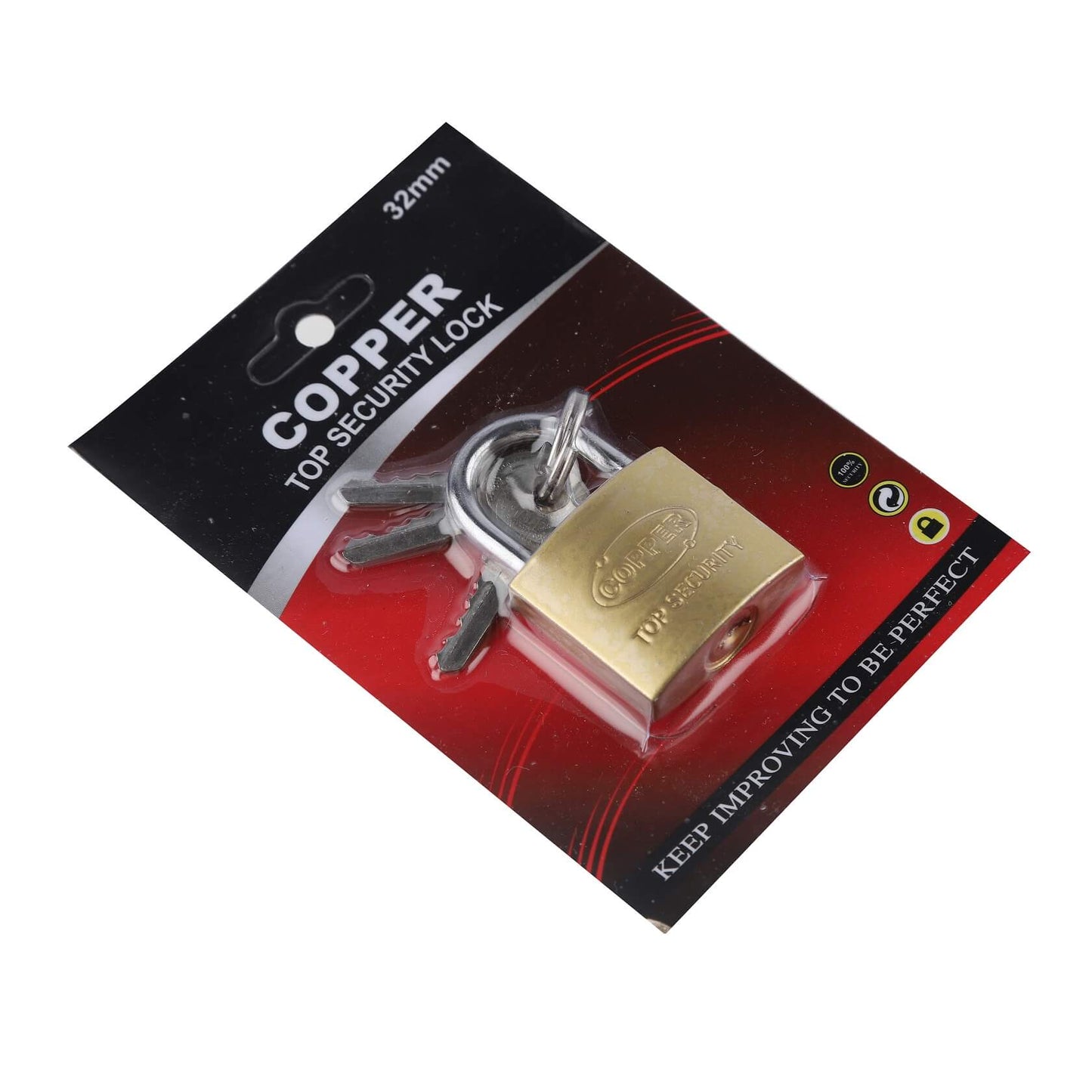 Angled view of packaged brass padlock and two keys on red and black backing