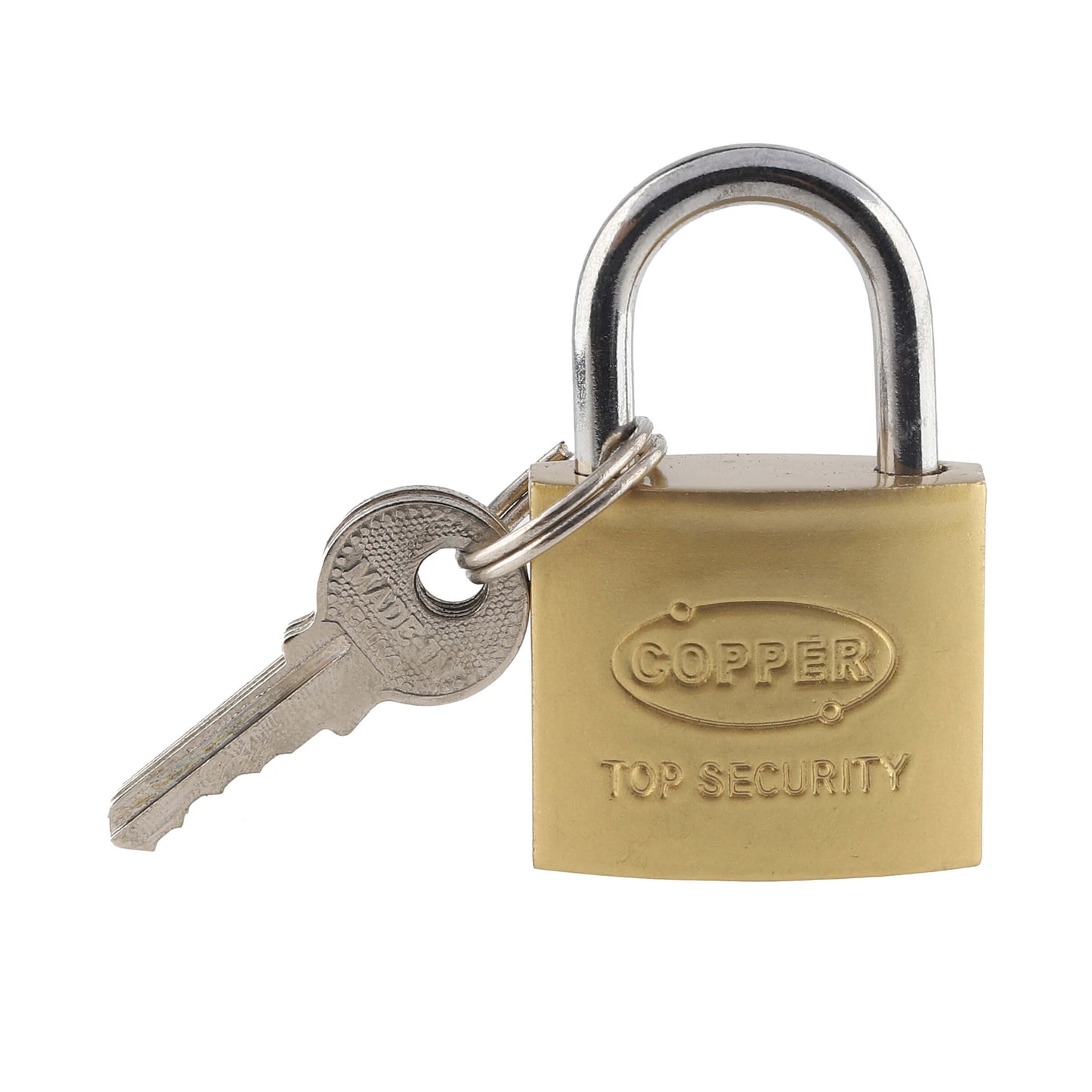 Close-up of 32mm brass padlock with one key inserted