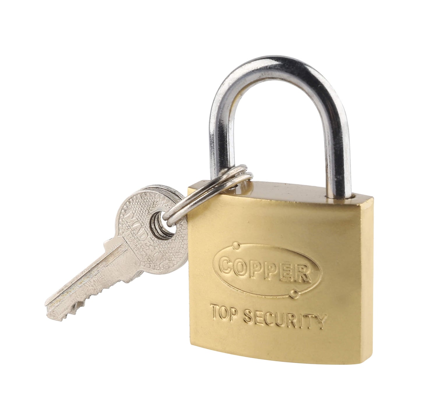 Brass padlock labeled 'Copper Top Security' with two keys attached