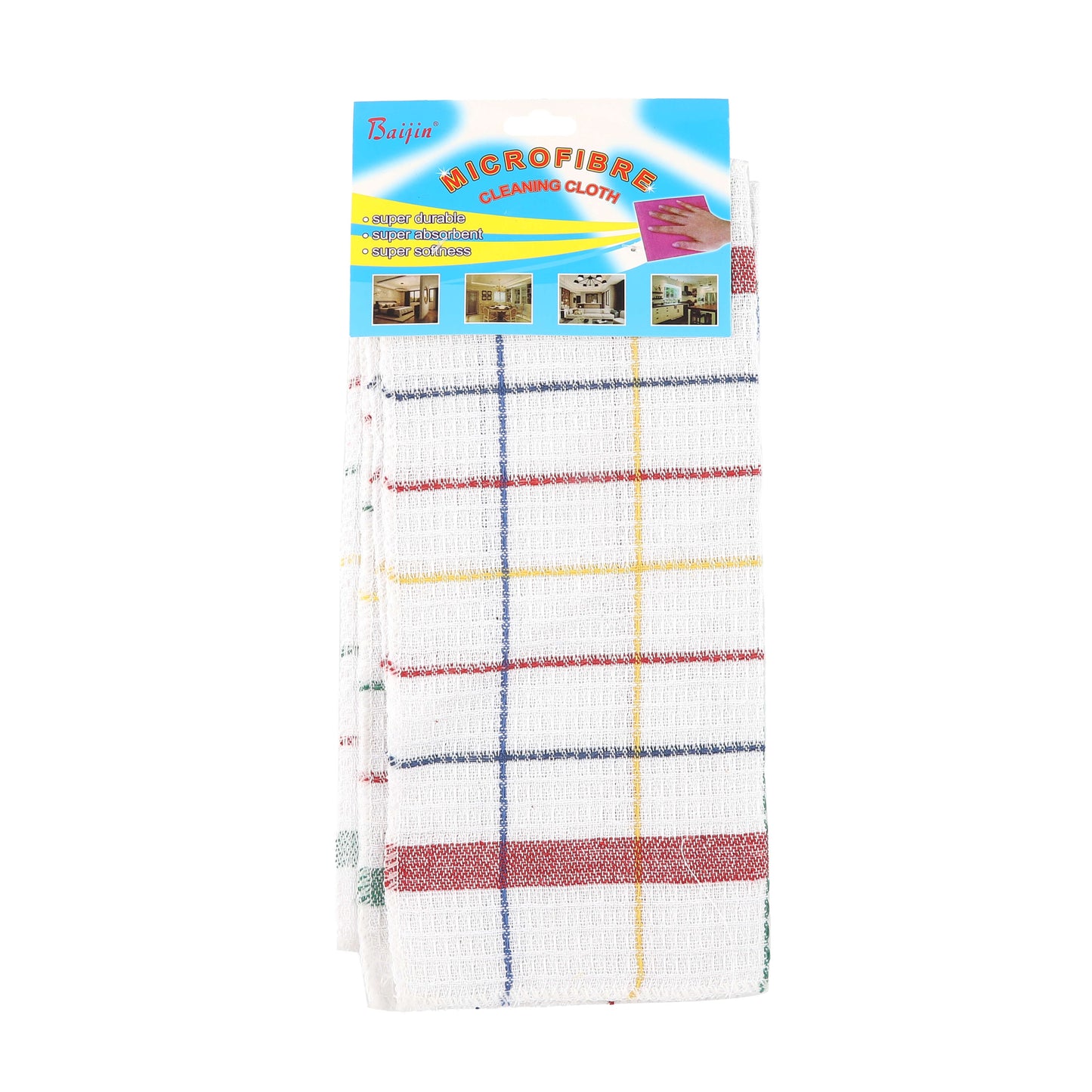 Pack of 2 microfiber cleaning cloths, white with colored stripes.