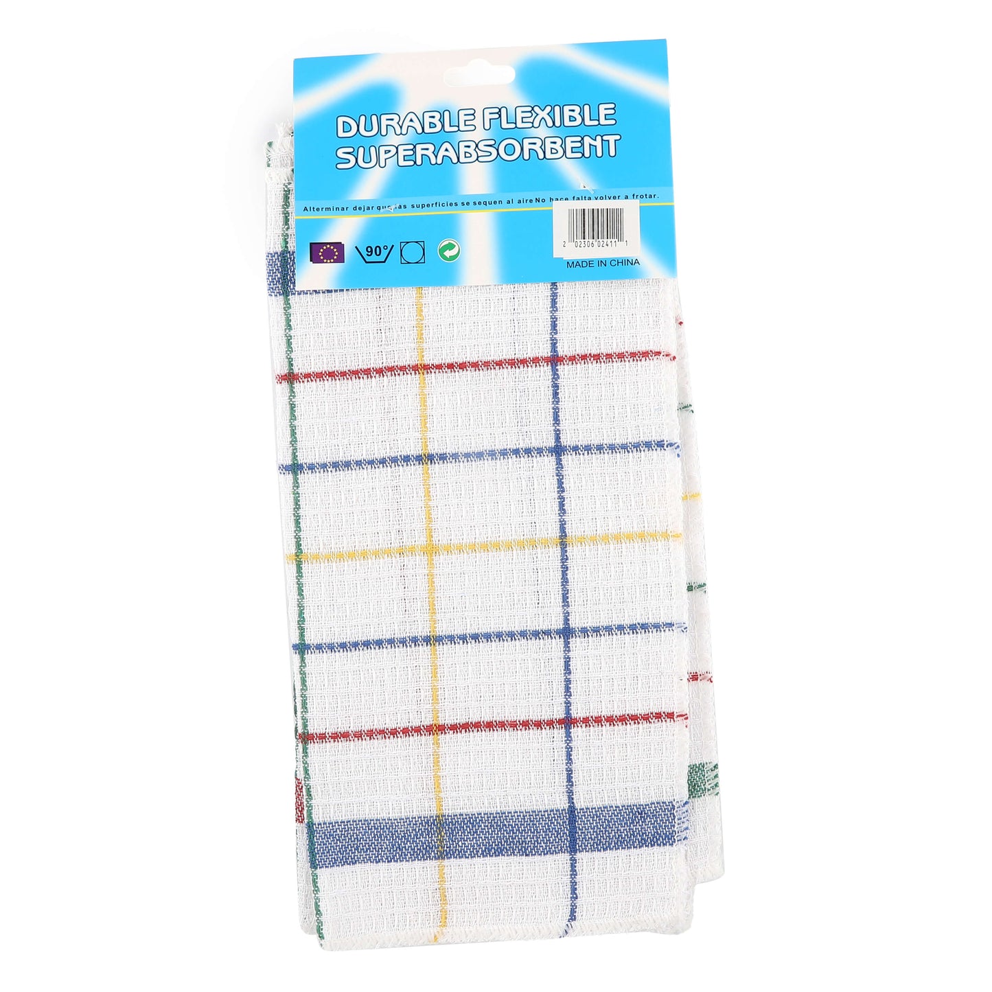 Folded microfiber cleaning cloths in assorted colors, 30x30cm.