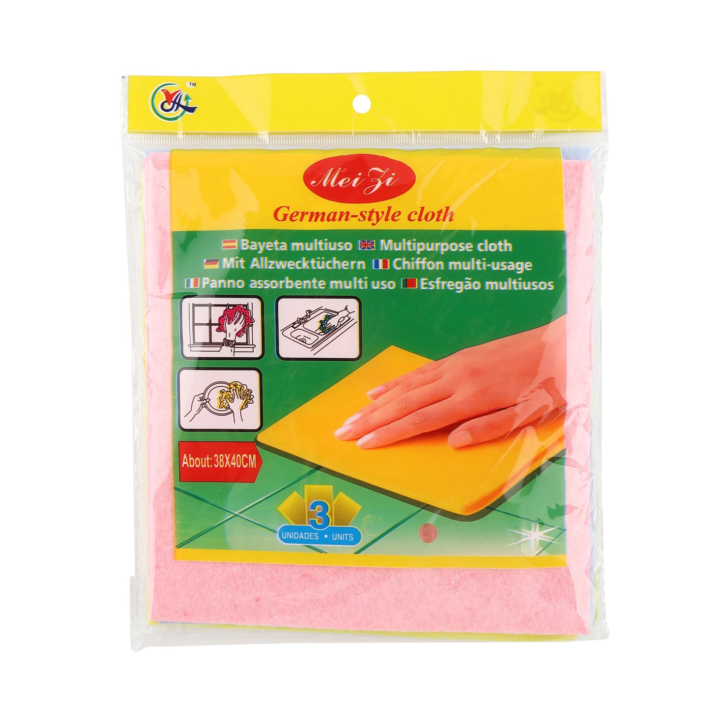 Non-woven microfiber cleaning cloth 3-pack in clear retail packaging.