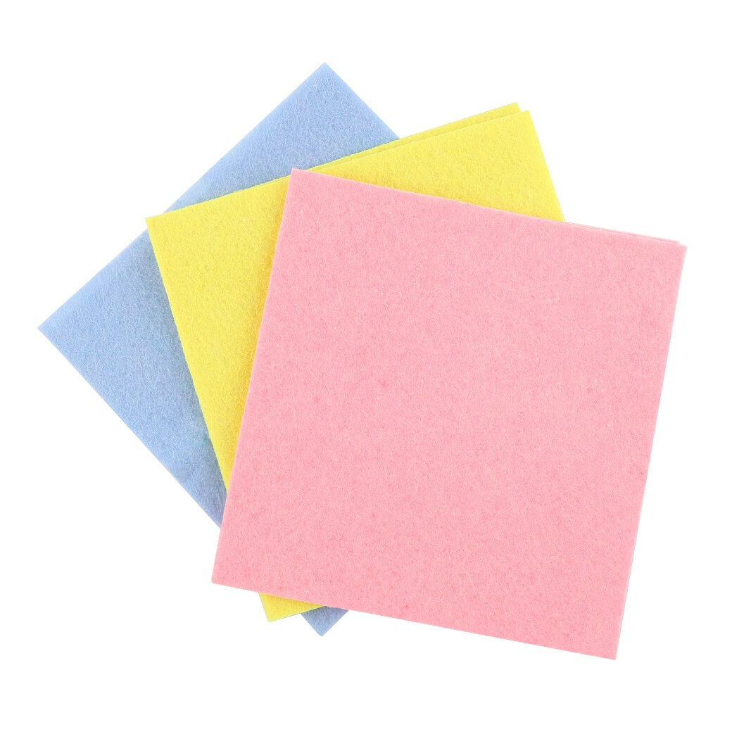 Set of 3 microfiber cleaning cloths in pink, yellow, and blue.