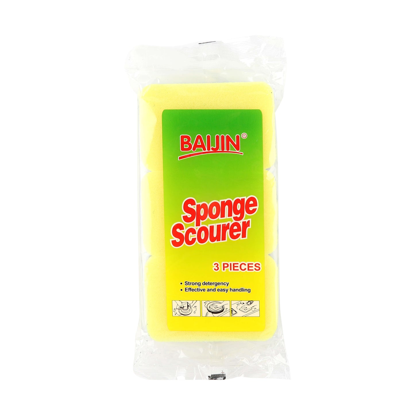 Retail packaging of 3-piece heavy-duty cleaning sponges.