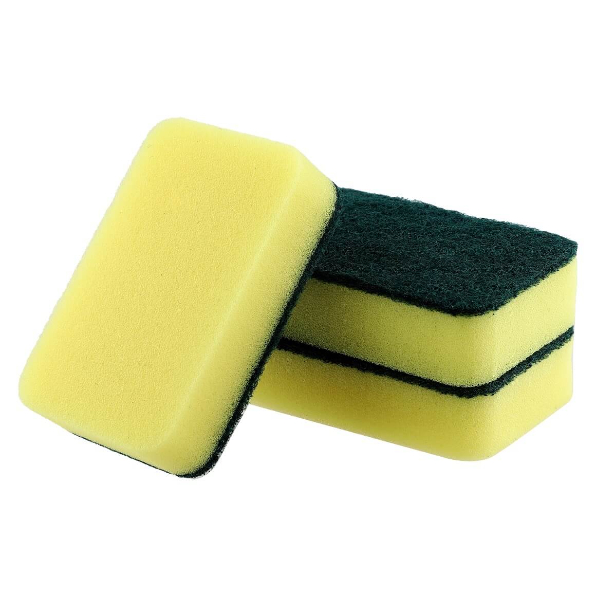 Two kitchen sponges stacked and angled for display.