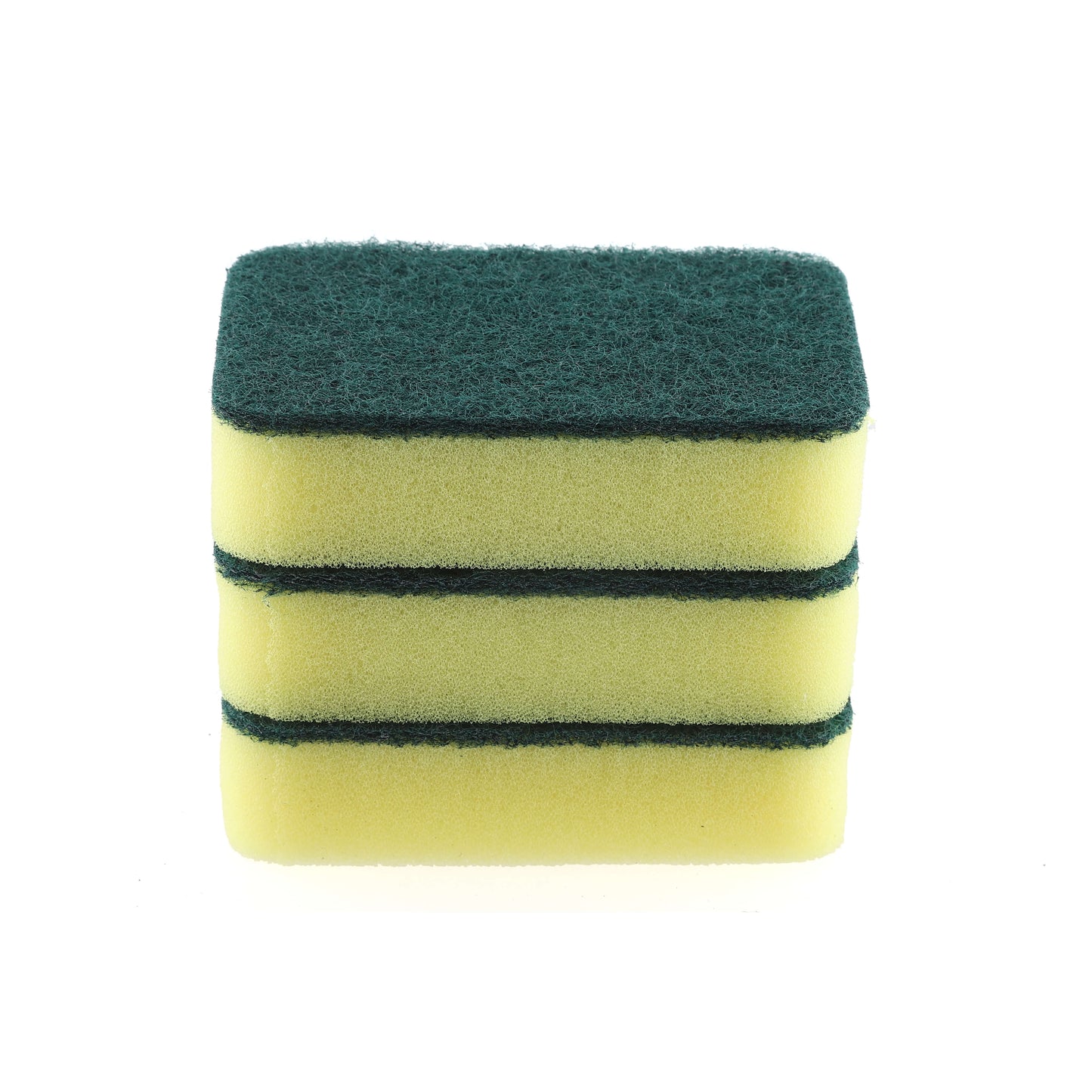 Stack of three yellow and green kitchen cleaning sponges.