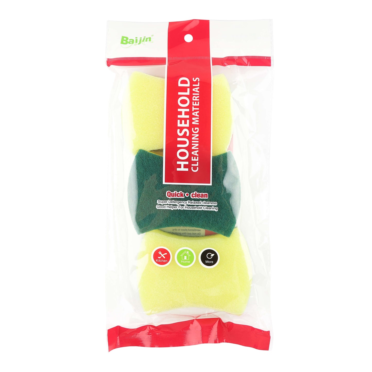 Three yellow and green heavy-duty cleaning sponges in clear packaging with red label.