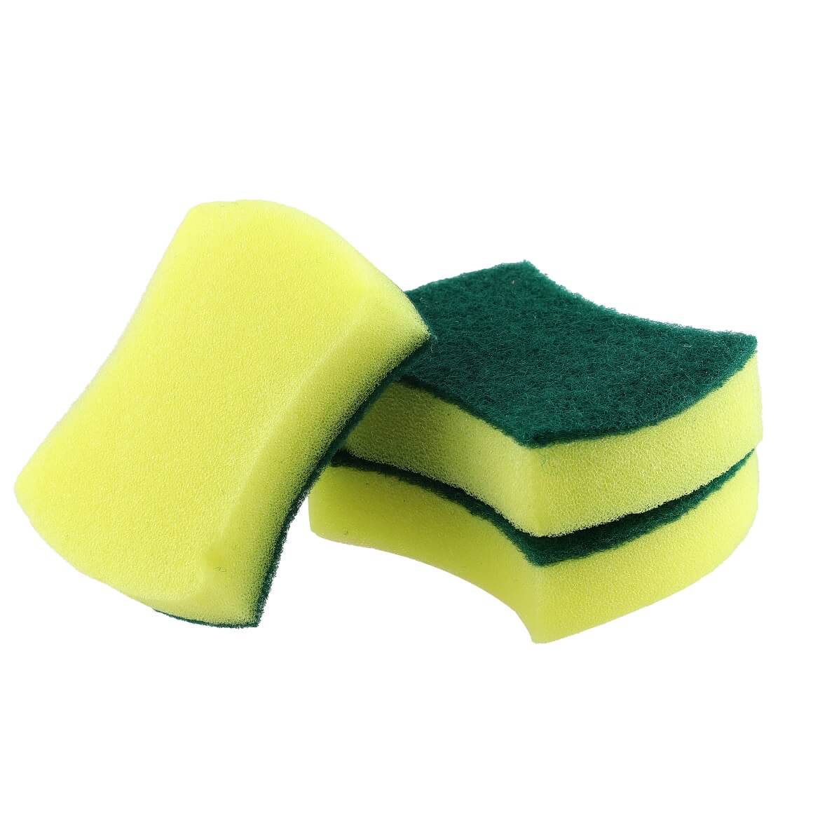 Stacked view of yellow and green dual-layer cleaning sponges.
