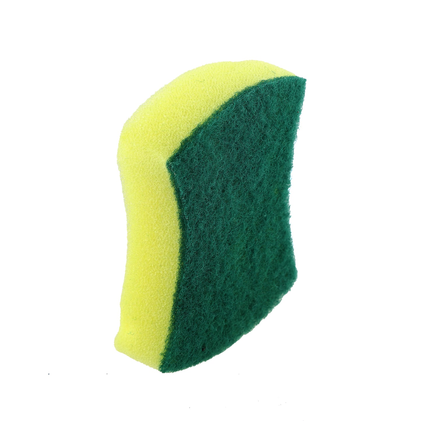 Side view of curved yellow sponge with green scrubbing surface.