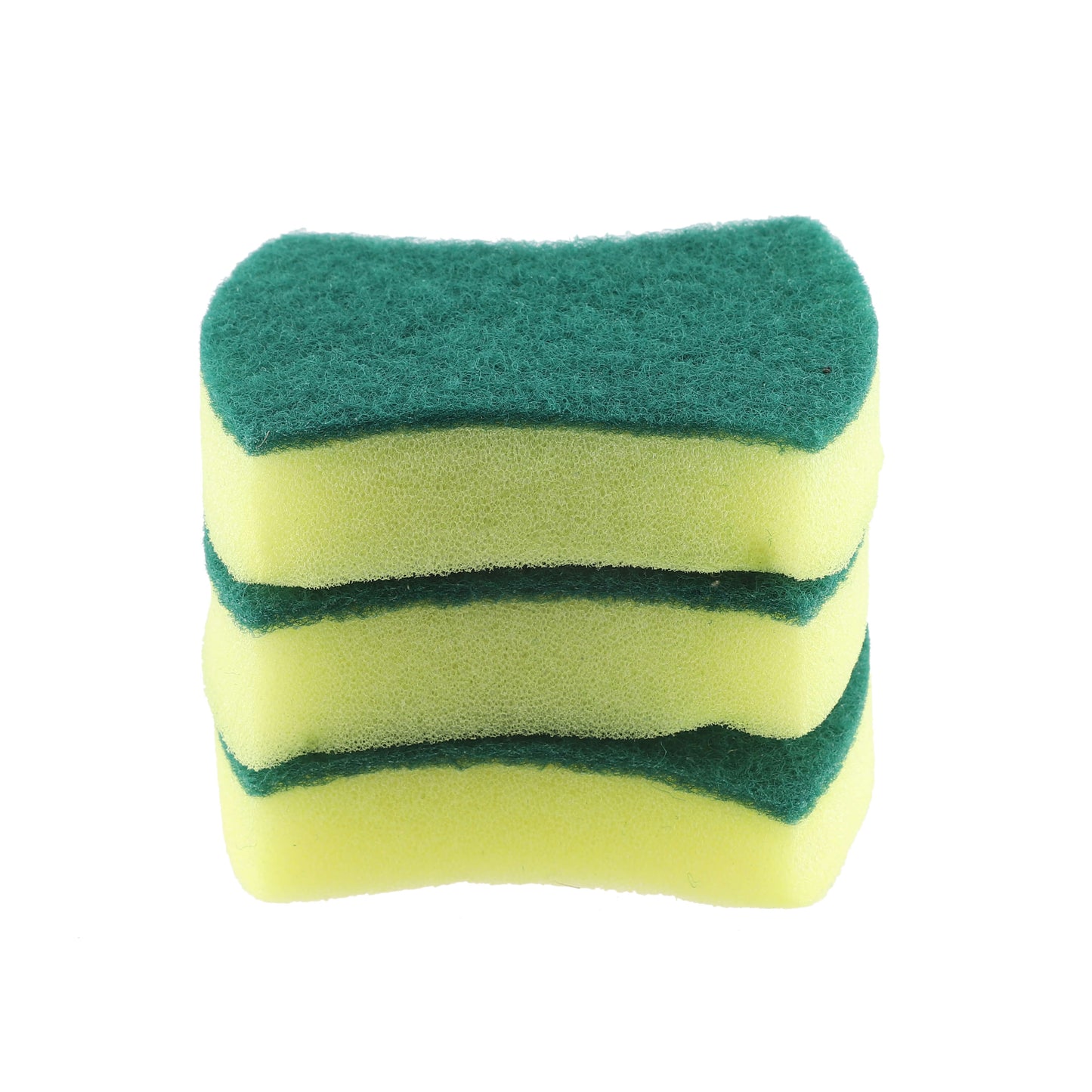 Three stacked curved dishwashing sponges, green and yellow.
