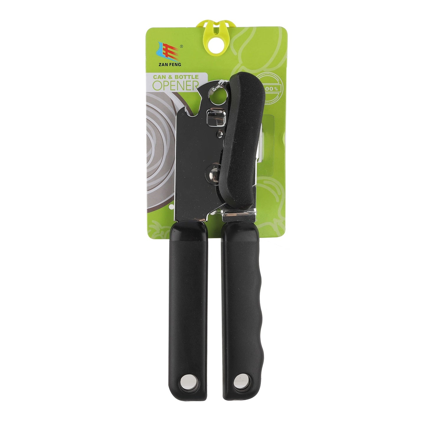 Manual can opener in retail packaging with black handles.
