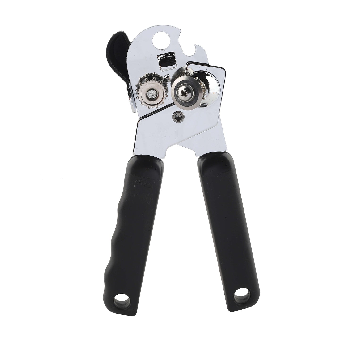 Stainless steel can opener with large knob and black grip.