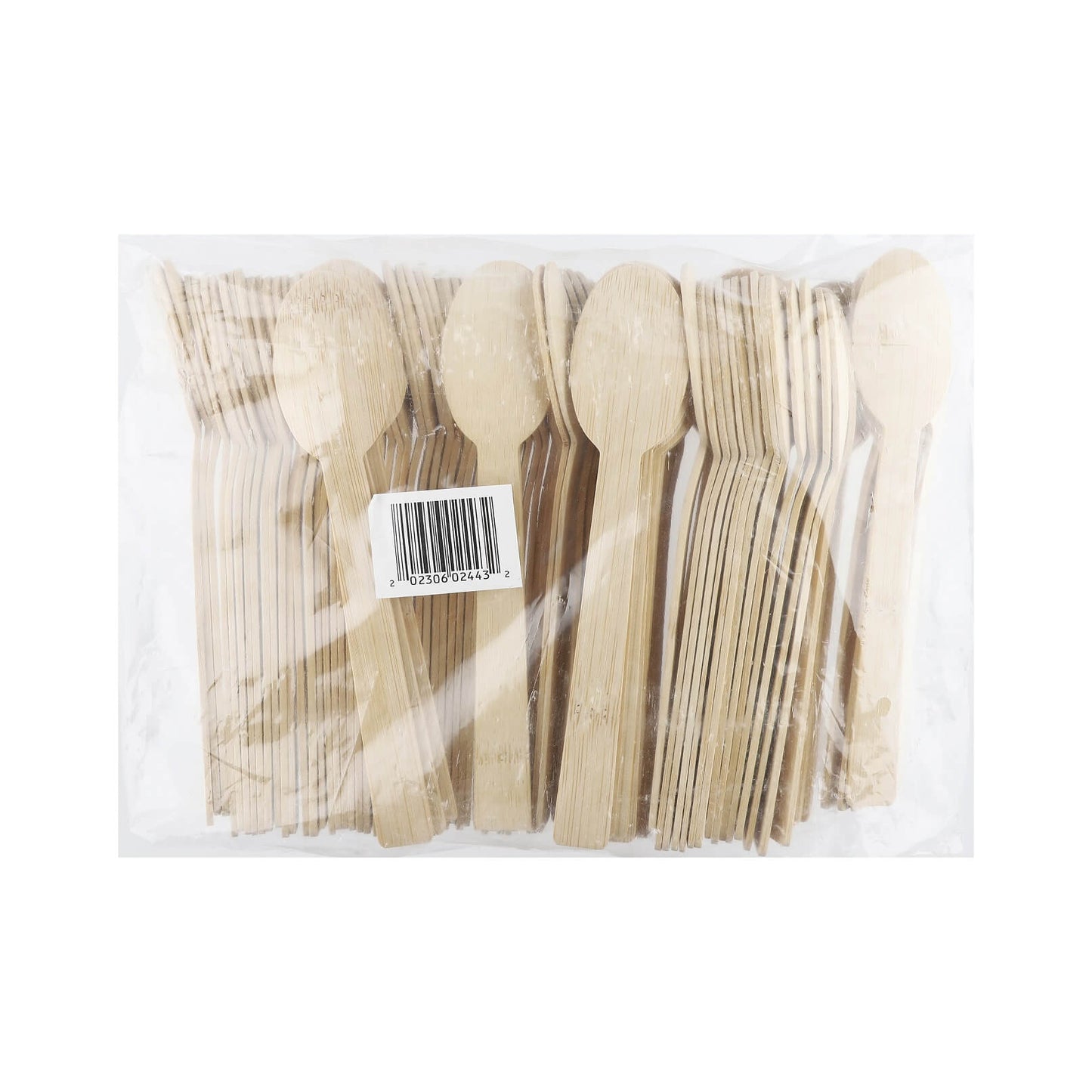 Six-pack of disposable bamboo spoons in clear packaging.