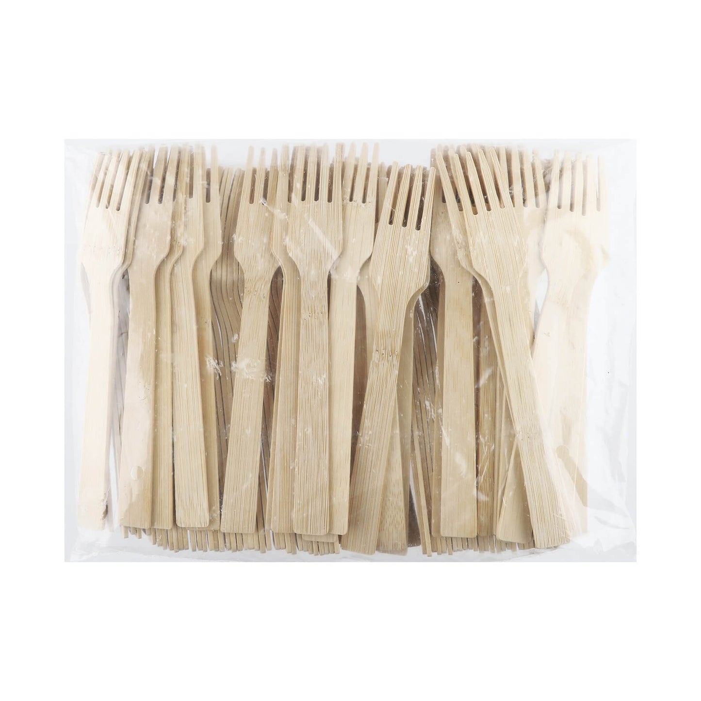 Six-pack of disposable bamboo forks in clear plastic packaging.