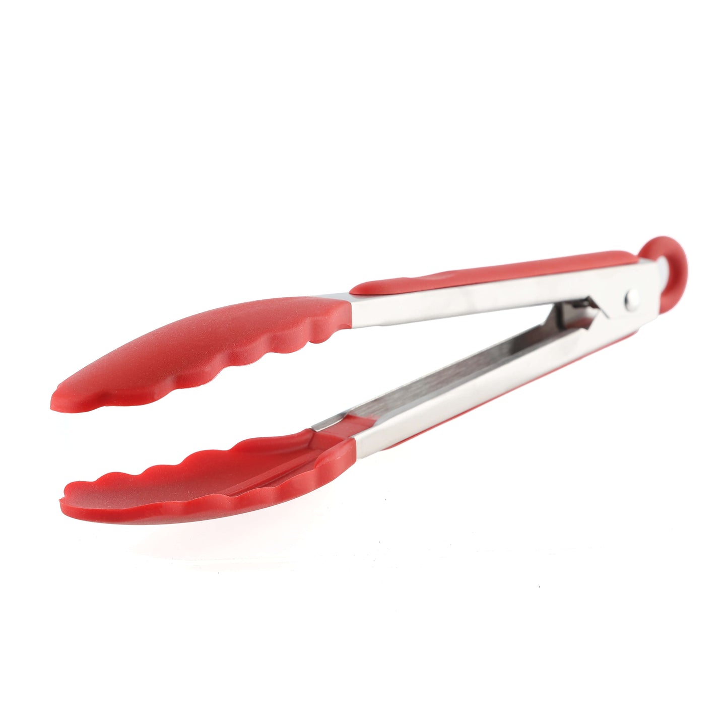 Stainless steel tong with red silicone tips angled view.