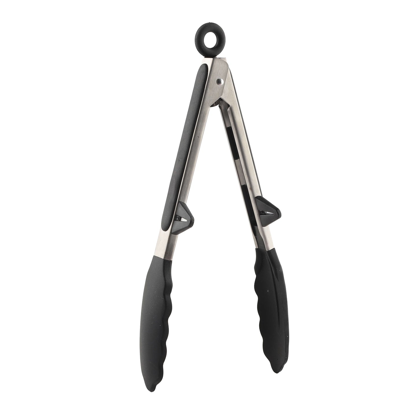Black silicone stainless tong in open position with locking ring.