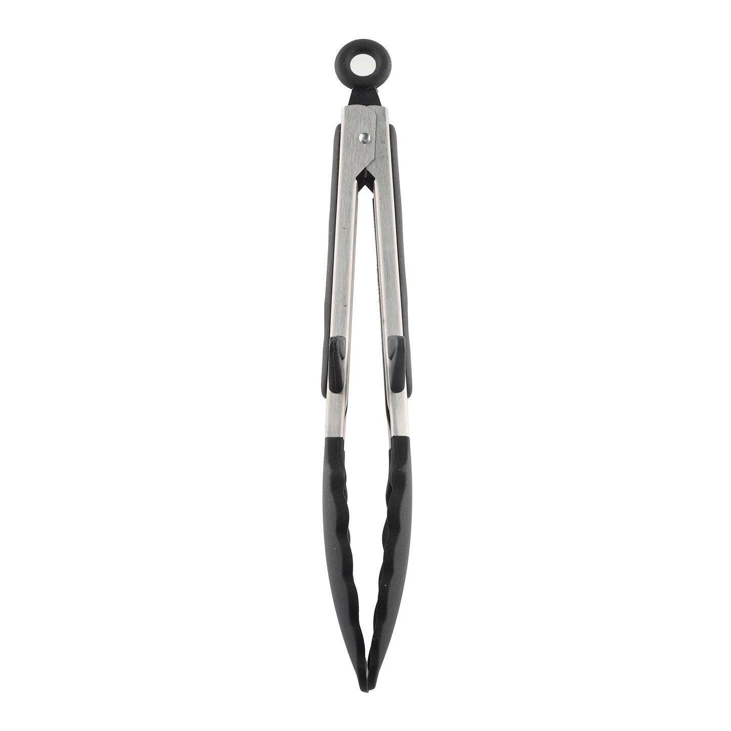 Vertical view of stainless steel tong with black silicone tips.