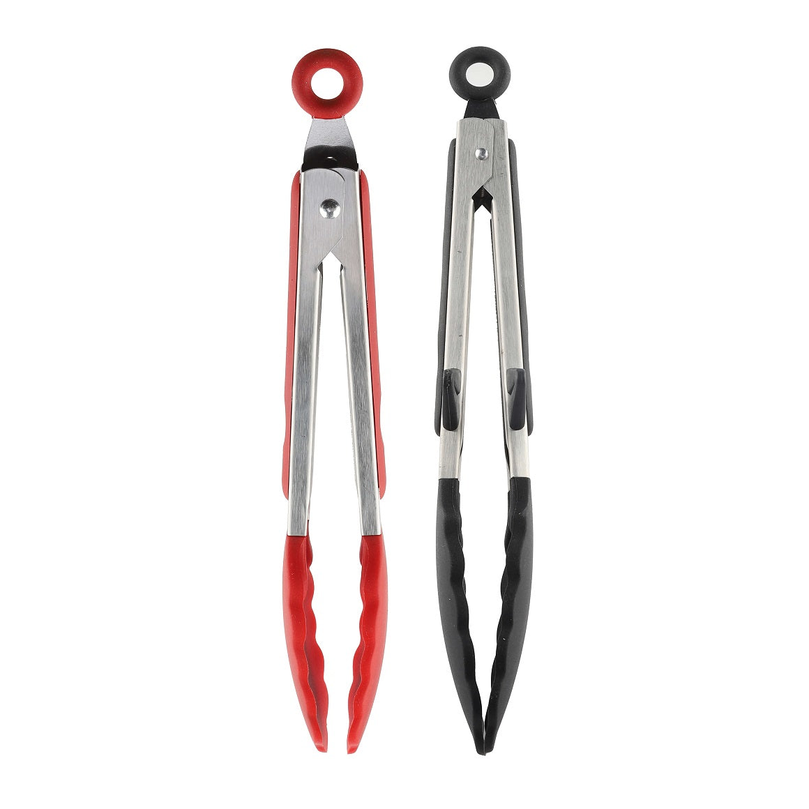 Red and black silicone tip stainless steel kitchen tongs side by side.