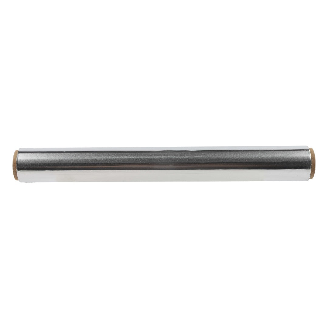 Close-up of rolled aluminum foil with reflective surface.