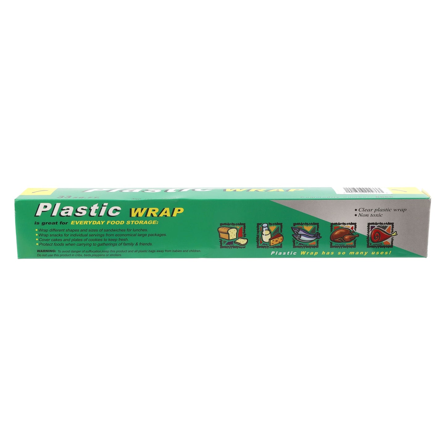 Side view of cling film wrap packaging showing label.