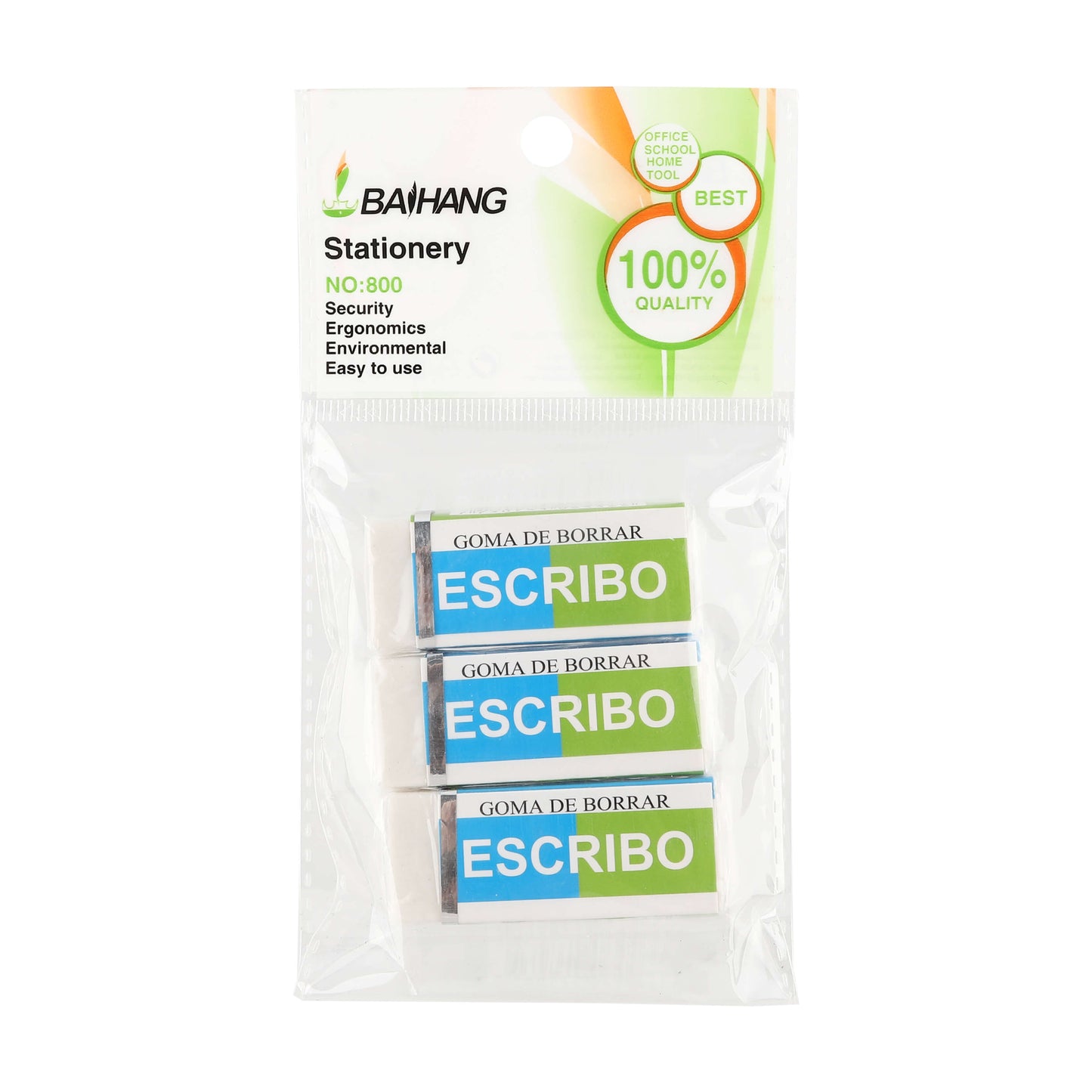 3-pack of erasers in retail packaging, suitable for school or office.