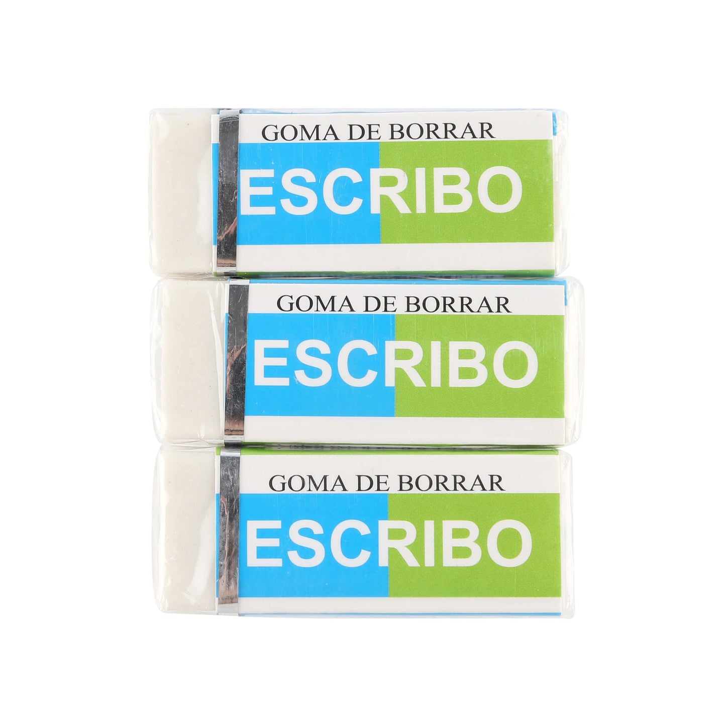 Three stacked soft rubber erasers labeled "ESCRIBO" in white and green.