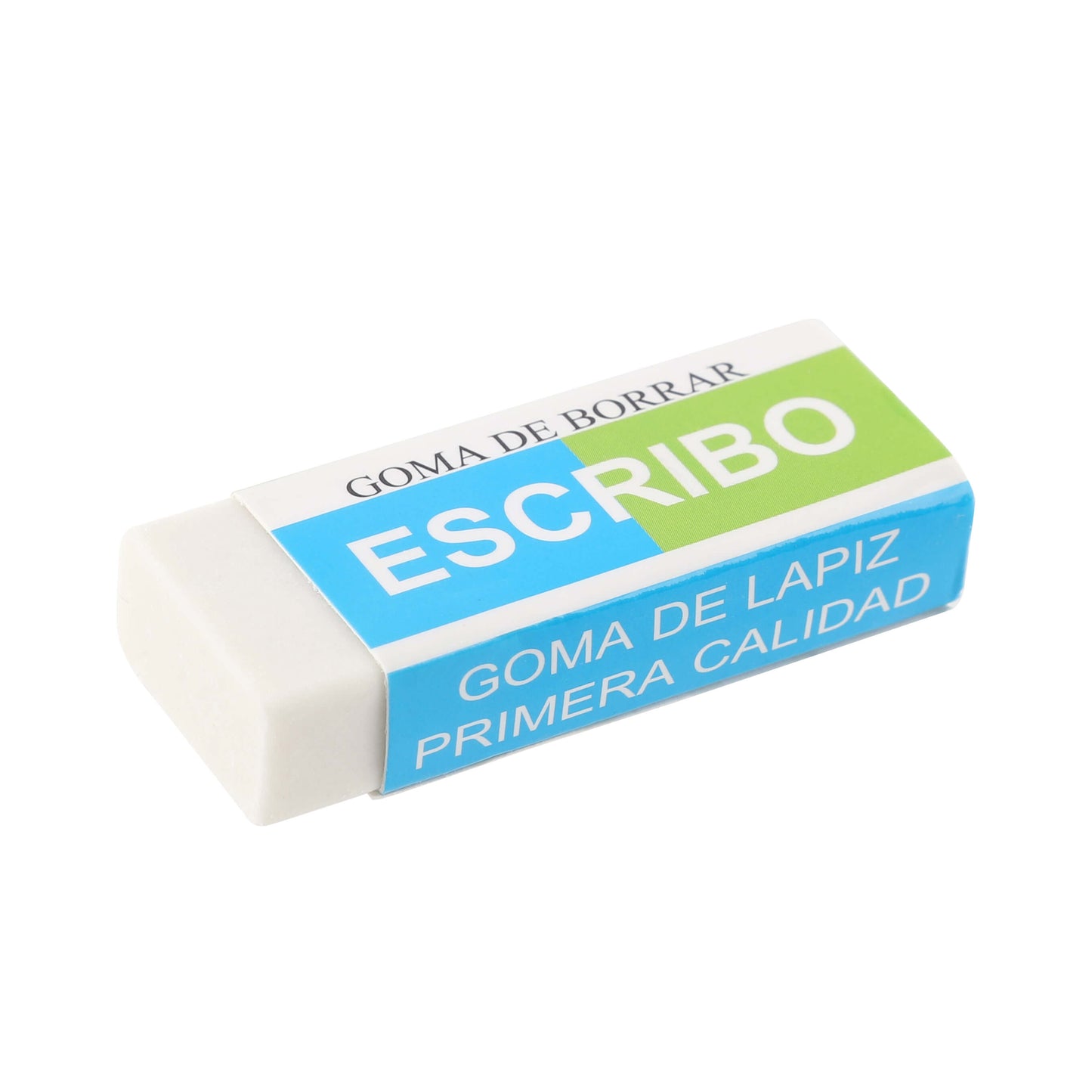 Rubber eraser displayed at an angle, showing branding and size.