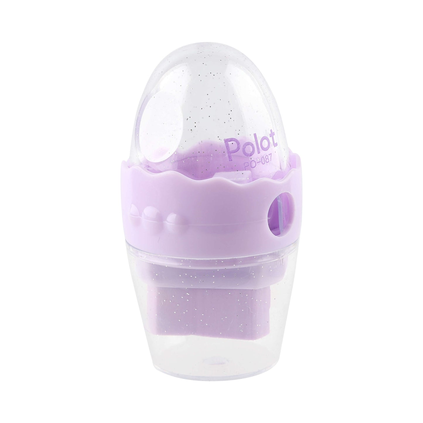 Single purple eraser and sharpener unit with clear cap