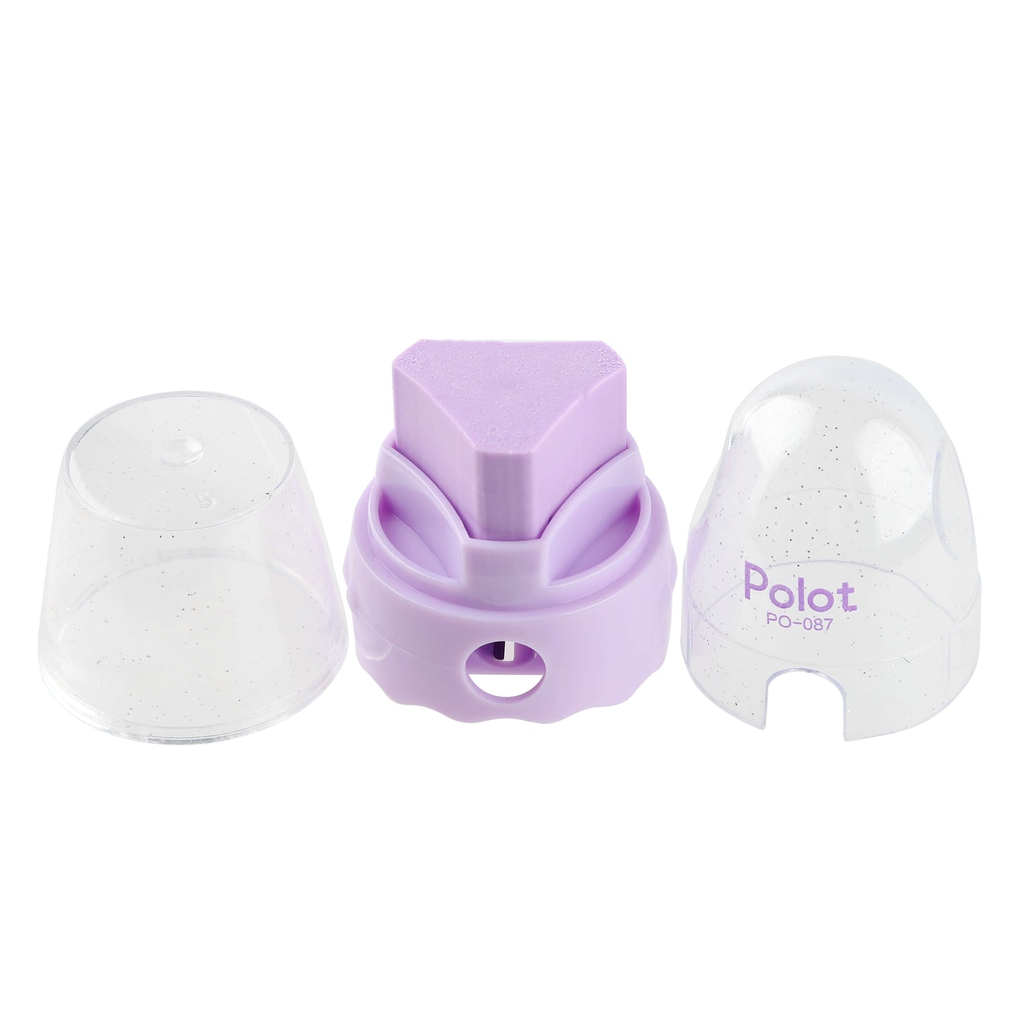 Eraser sharpener sets shown in purple, pink, blue, and white