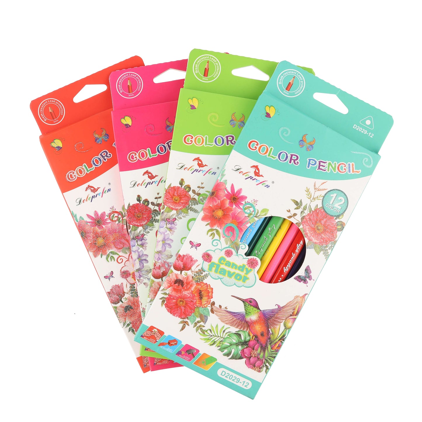 Three boxes of 12-color pencils in assorted floral packaging, angled fan layout.