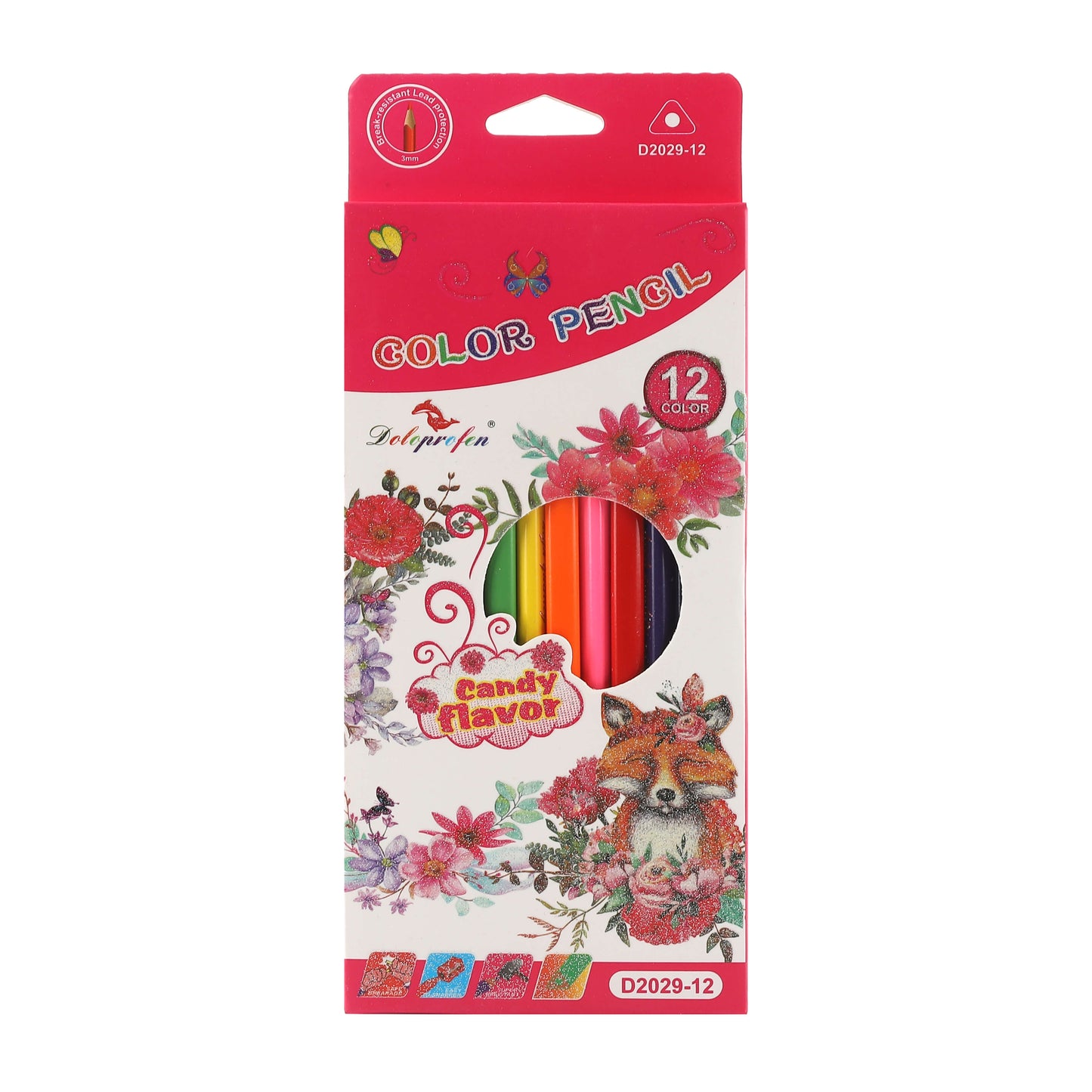 Close-up of a red box of 12 colored pencils with flower artwork.