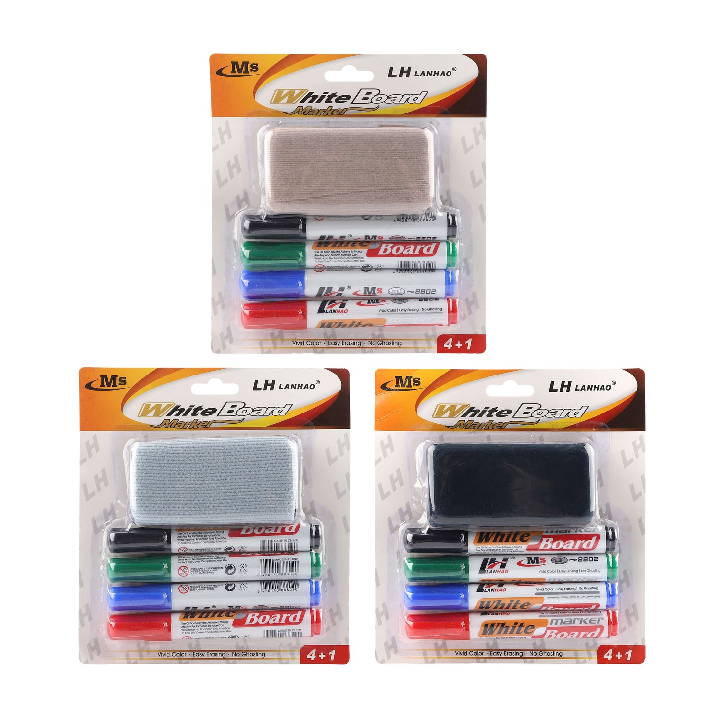three boxed sets of dry erase markers and erasers, ready for retail display.