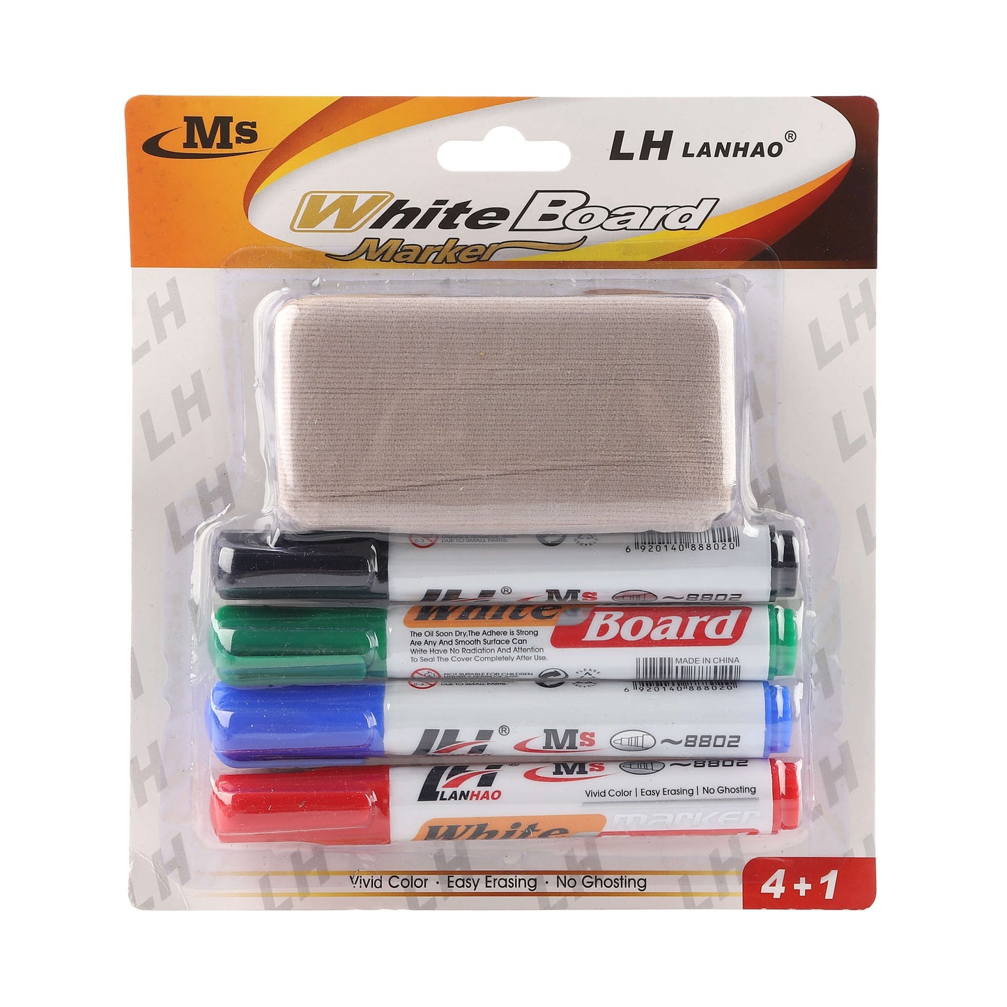 Blister pack with 4 dry erase markers and a whiteboard eraser included.