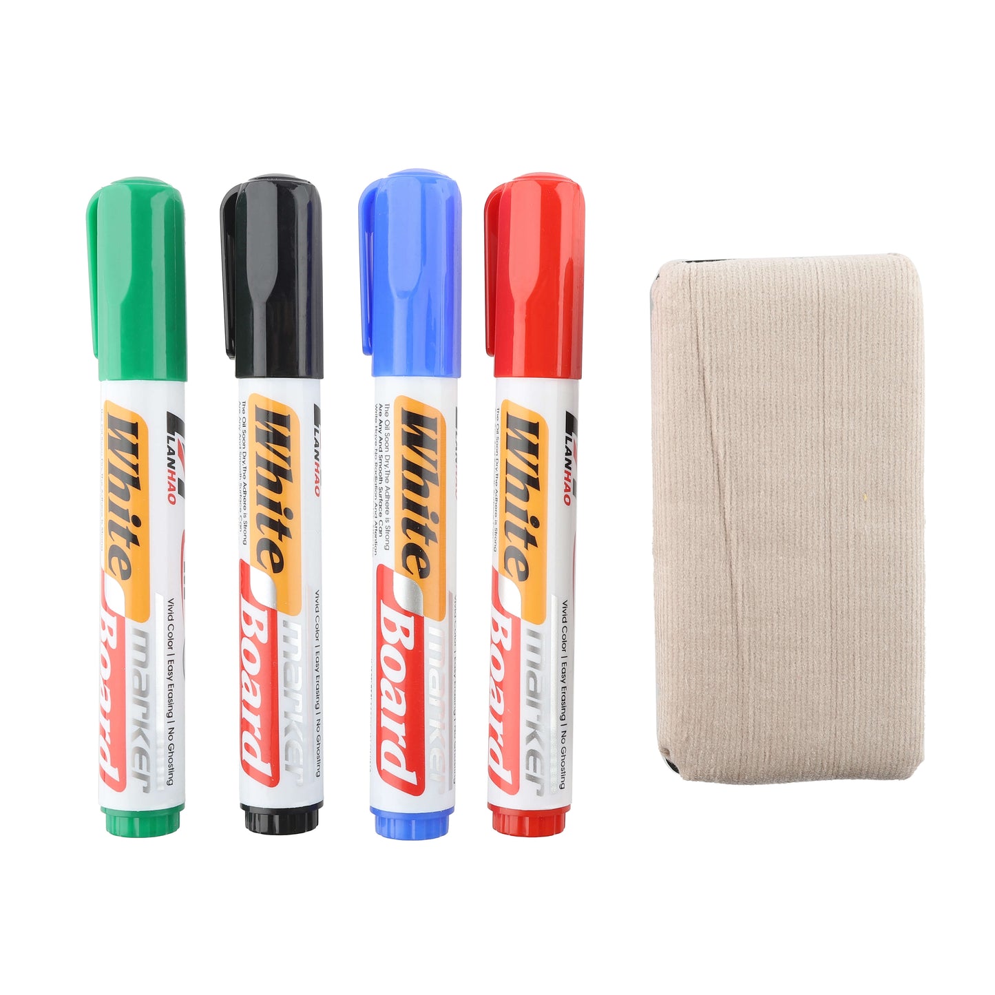 Set of 4 colored whiteboard markers and a compact rectangular eraser.