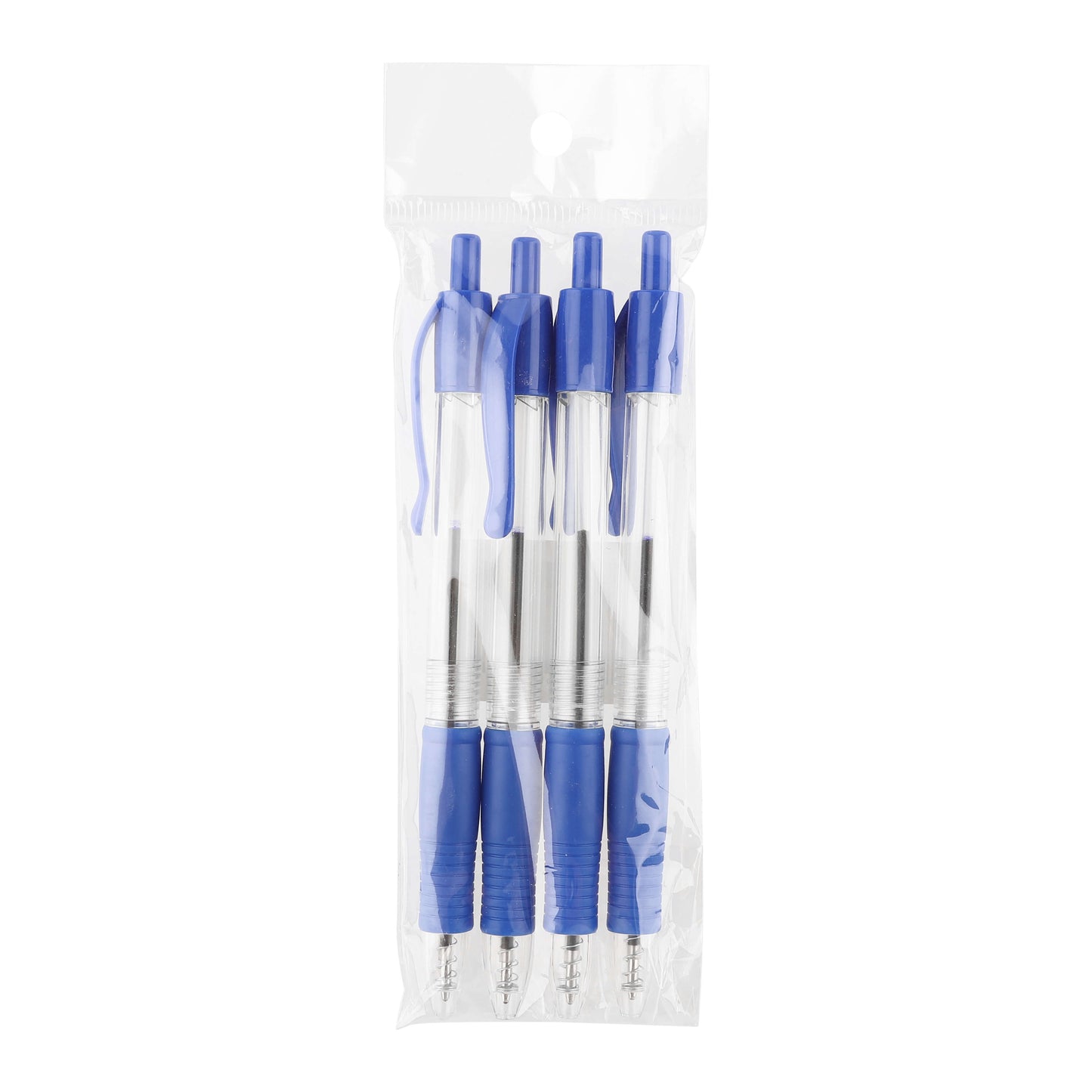 Pack of four blue ballpoint pens in clear plastic packaging.